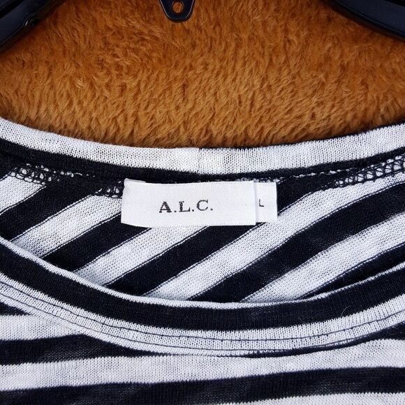 A.L.C. Top Womens Large Black Stripe Pullover Crew Criss Cross Back 100% Linen - Picture 2 of 8